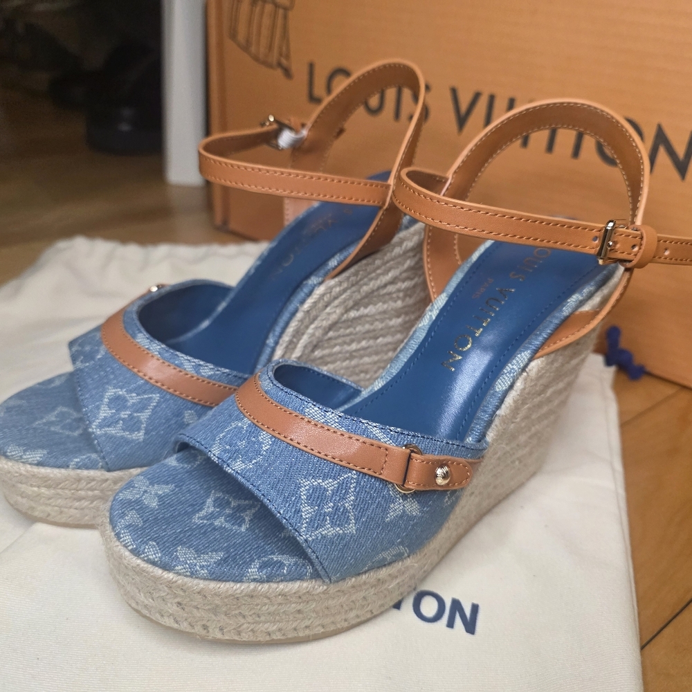 New LV Denim Wedge Heels Sandals Shoes Size 38